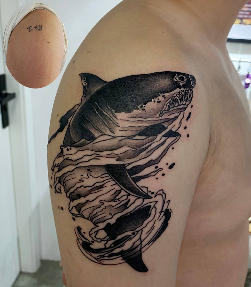 鲨鱼纹身图片_手臂New School纹身图案