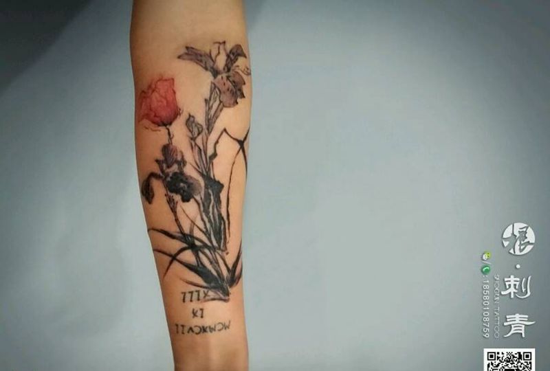 原创水墨风纹身图片_手臂国画植物原创水墨成品纹身图案