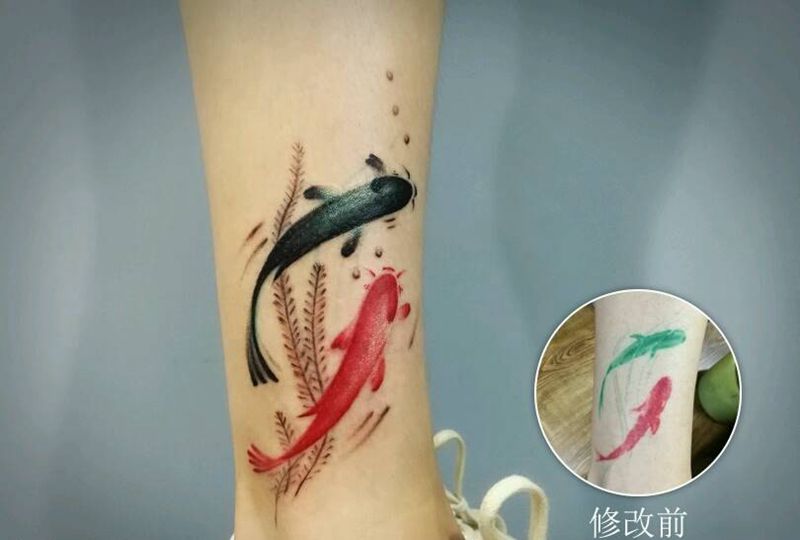 修改旧图纹身图片_腿部国画动物鱼修改成品纹身图案