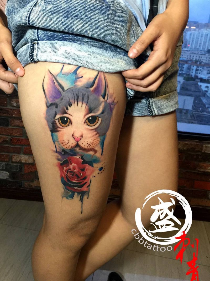 猫纹身图片_成品腿部欧美动物纹身图案