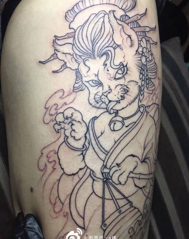 猫妖（线条）纹身图片