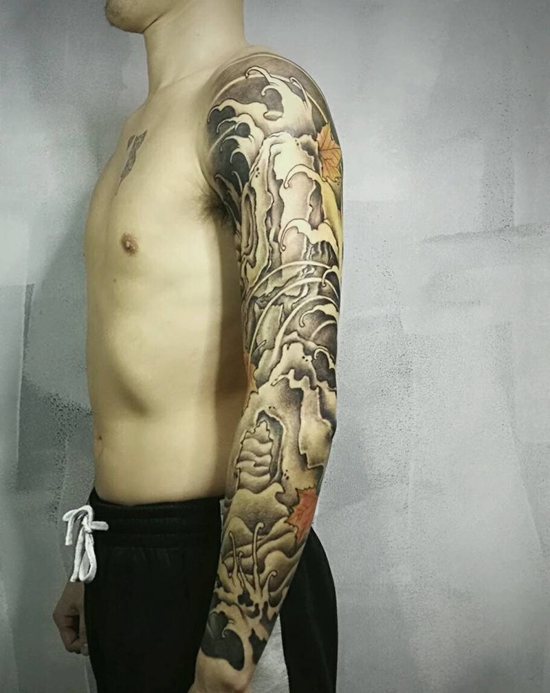 落叶归根 Tattoo by根纹身图片_手臂传统植物静物原创礁石浪花成品纹身图案