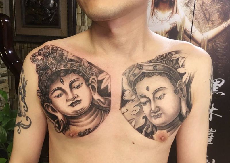 半甲纹身图片_成品胸部传统人物纹身图案