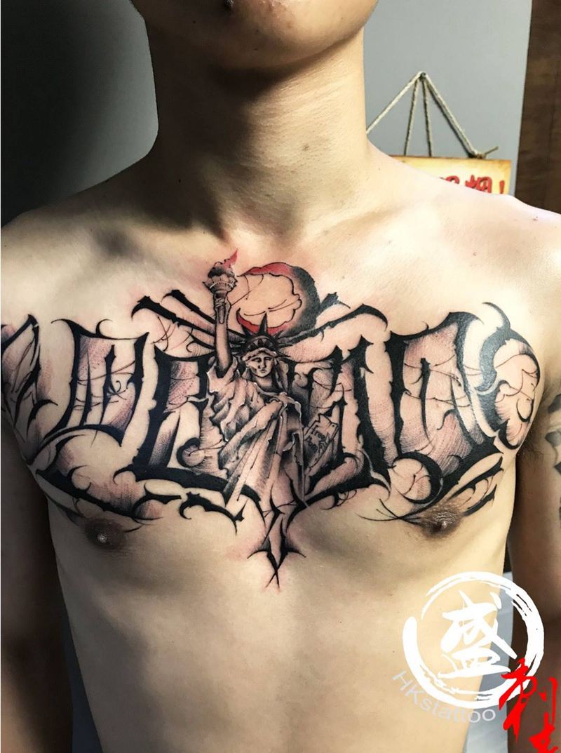 花胸花体(客人自带图)纹身图片_成品胸部欧美字符传统宗教纹身图案