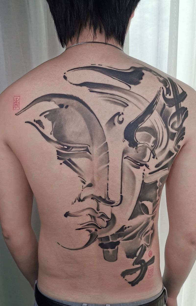 胜天半子纹身图片_背部水墨新传统纹身图案