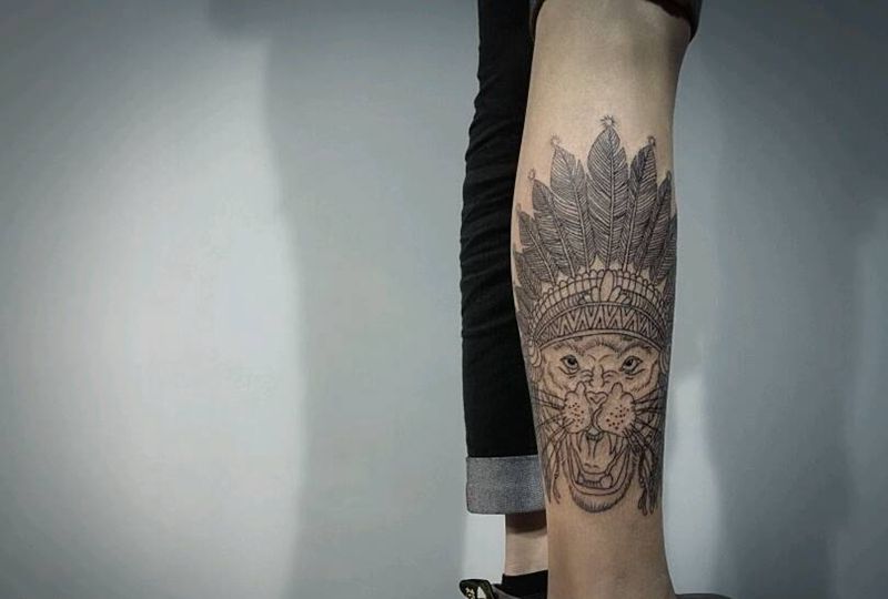 印第安狮子纹身图片_腿部传统动物狮子成品纹身图案