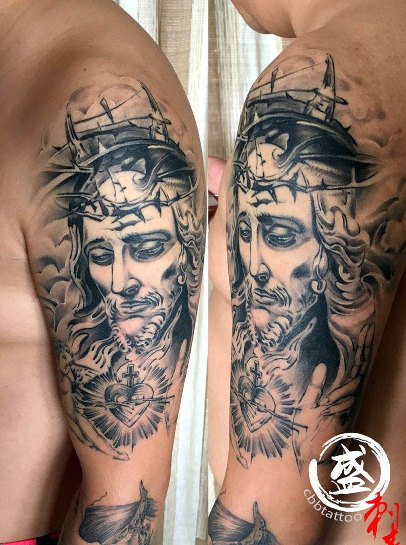 大臂耶稣恢复后纹身图片_成品手臂欧美写实人物宗教纹身图案