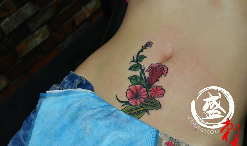 剖腹产疤痕遮盖纹身图片_腹部传统清新植物纹身图案