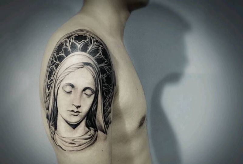 圣母玛利亚纹身图片_手臂写实人物圣母成品纹身图案