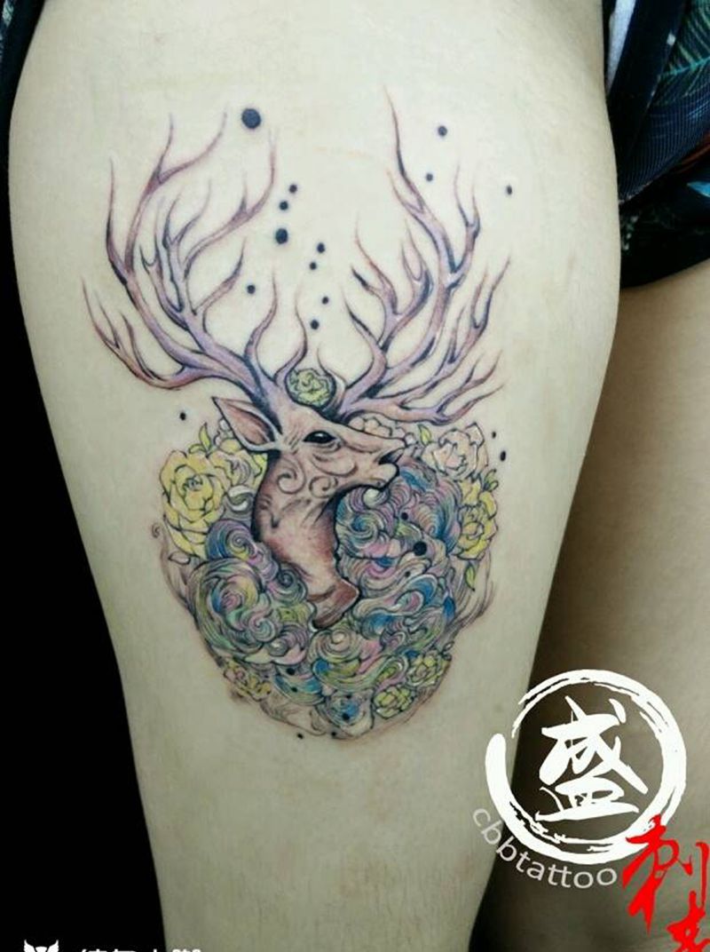 鹿头纹身图片_腿部欧美清新动物成品纹身图案