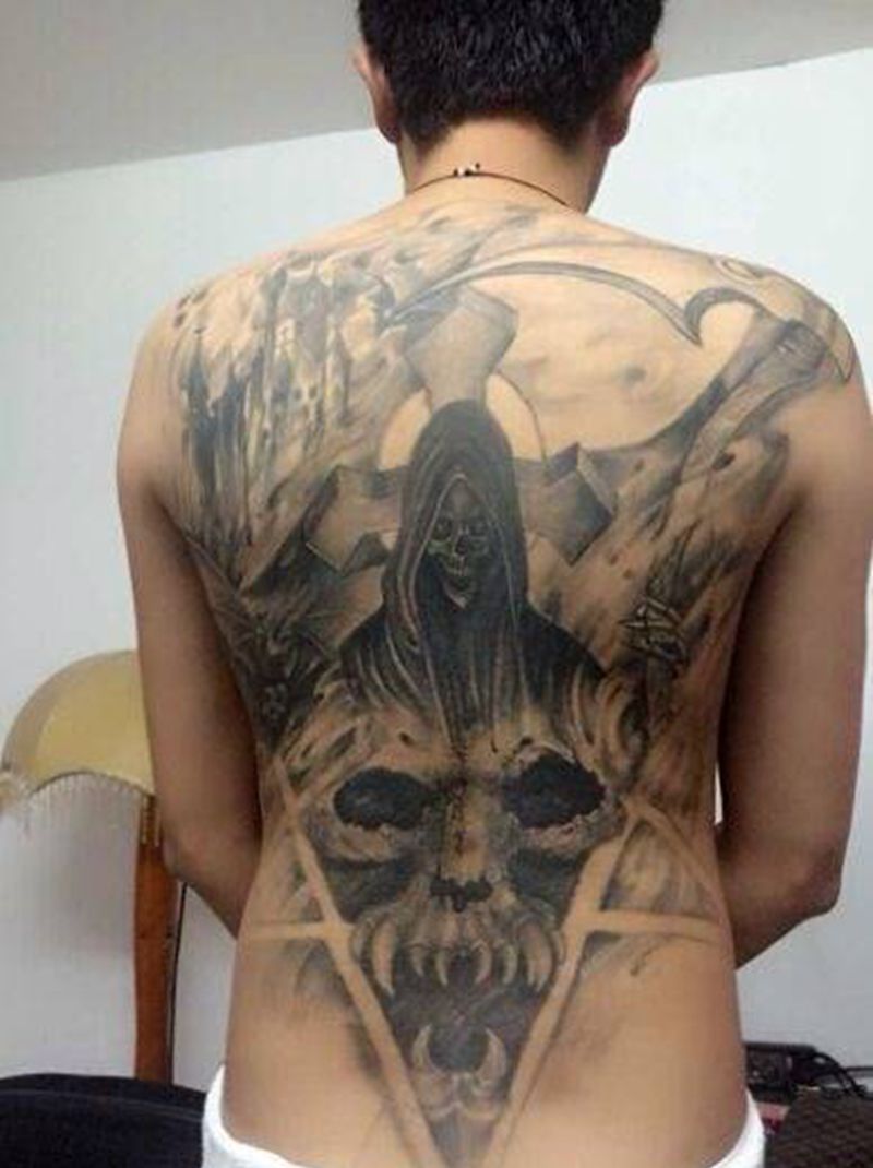 死神满背纹身图片_成品背部欧美鬼神纹身图案