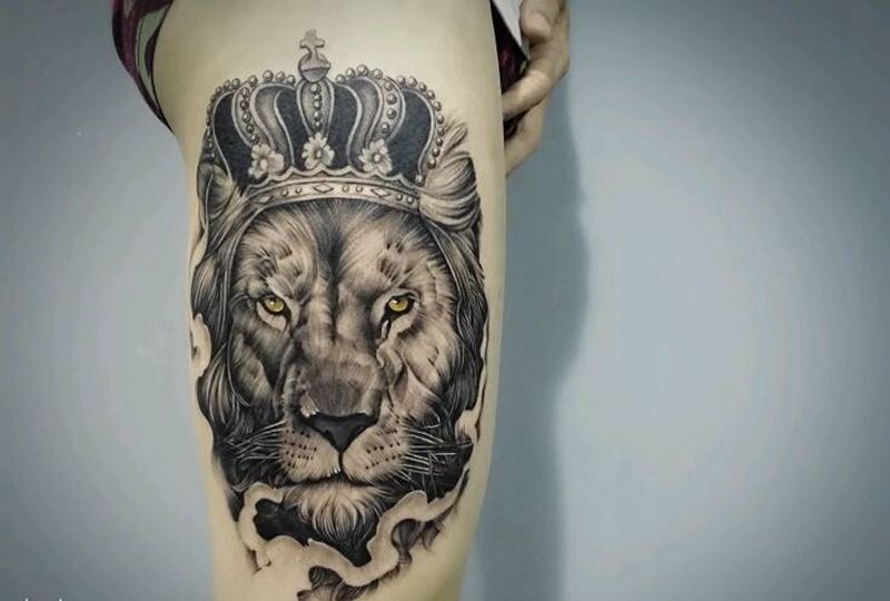 lion king 根作品纹身图片_腿部欧美写实动物狮子成品纹身图案