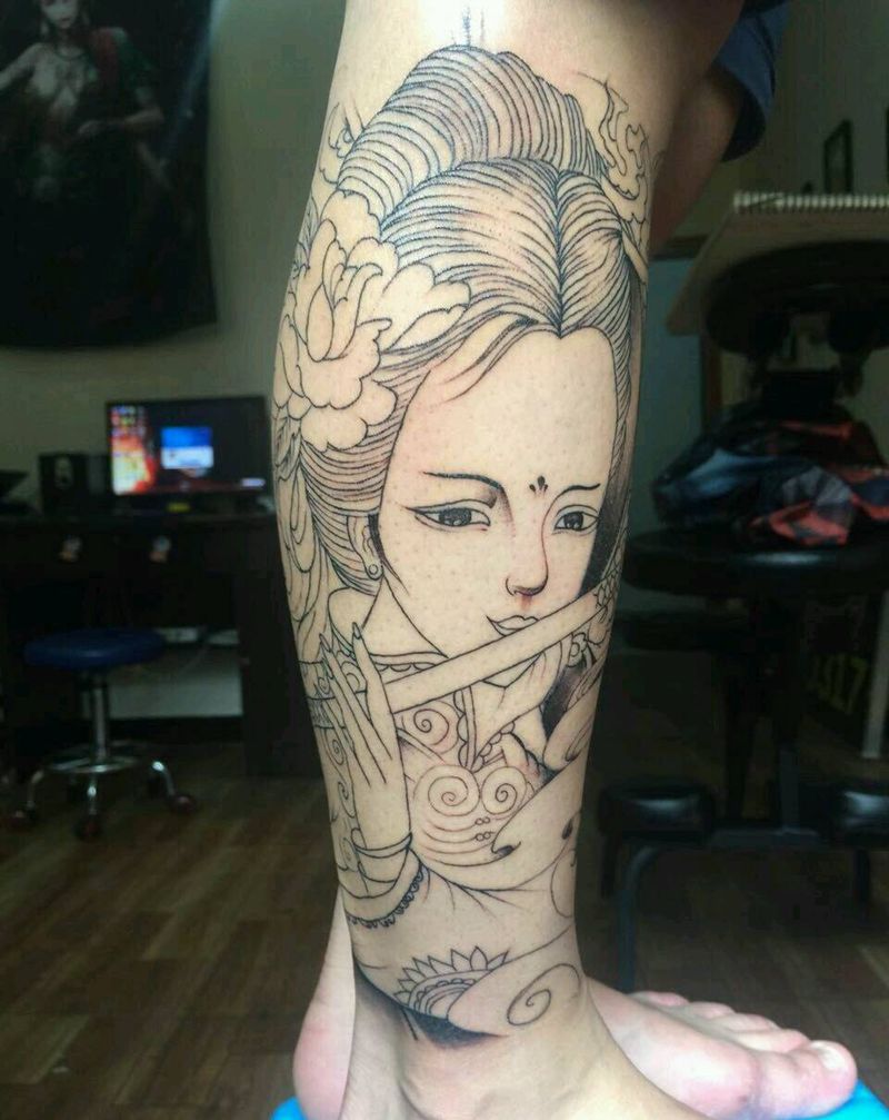 艺妓线条纹身图片