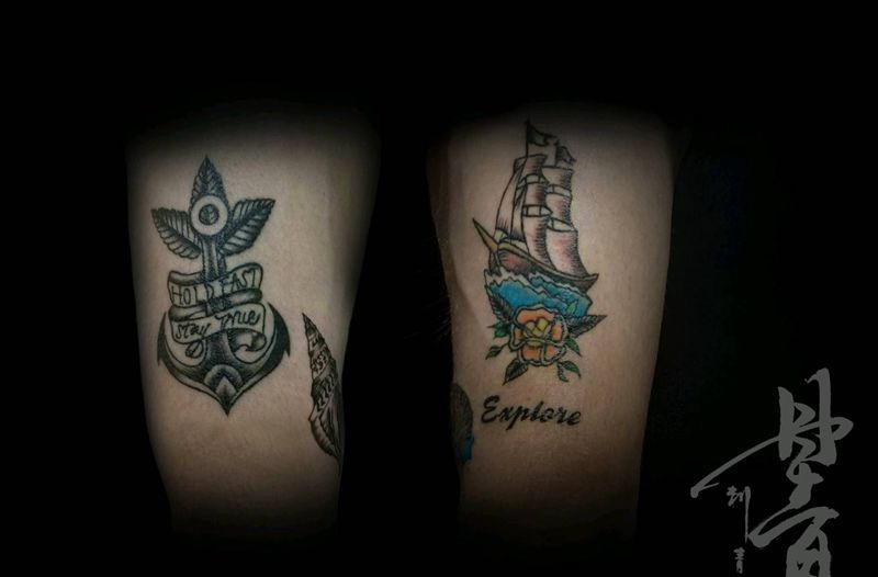 花腿，船锚，船，贝壳纹身图片_腿部欧美成品纹身图案