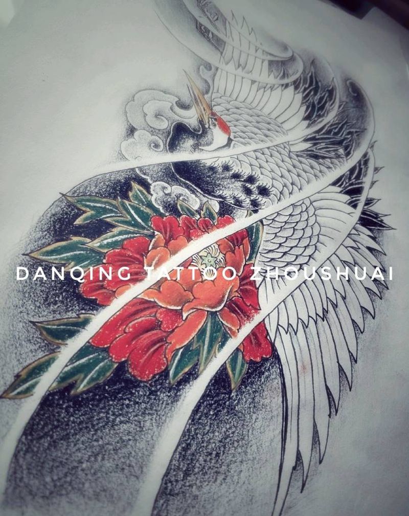 鹤，传统手稿纹身图片