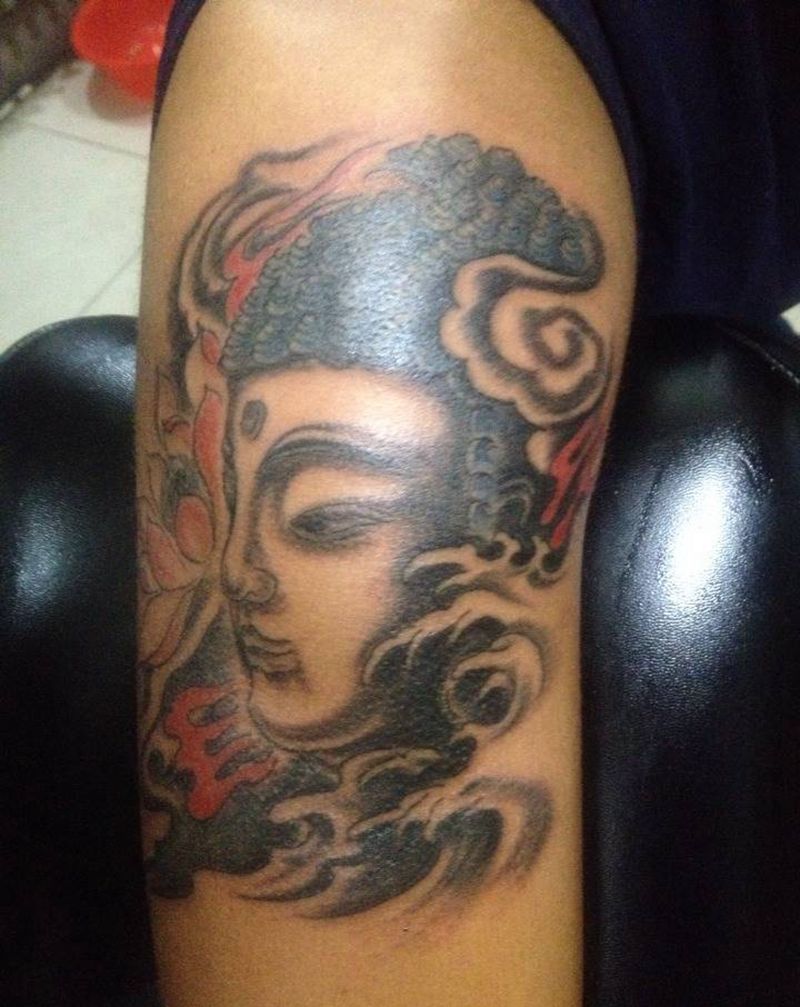 彩色佛头纹身图片_成品手臂传统宗教纹身图案