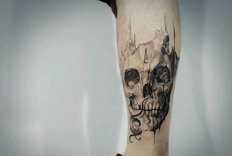 骷髅纹身图片_腿部写实静物骷髅成品纹身图案