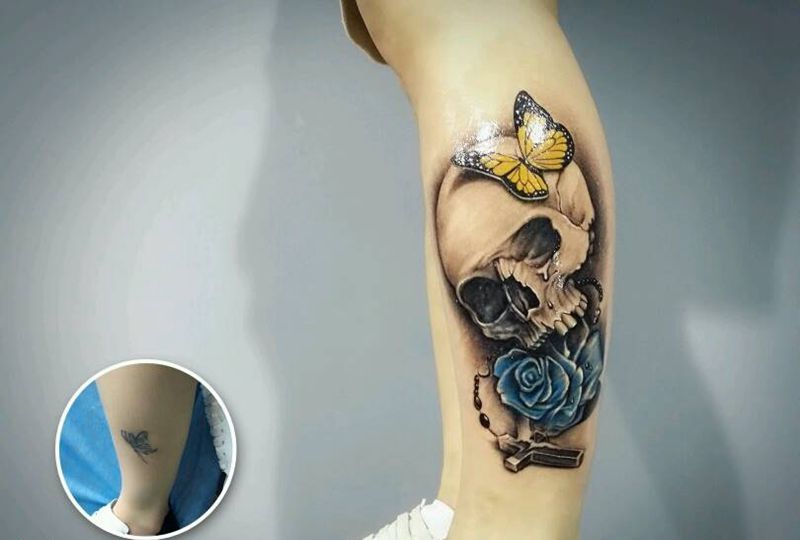 遮盖纹身图片_腿部写实静物玫瑰骷髅成品纹身图案