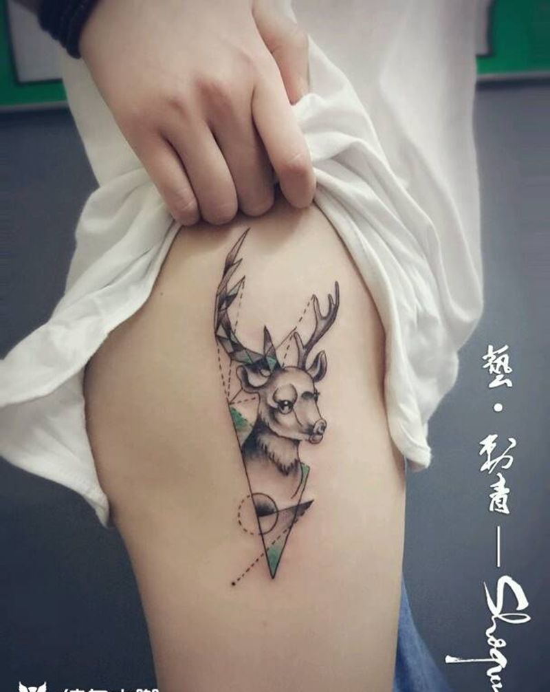 鹿纹身图片_臀部欧美几何动物成品纹身图案