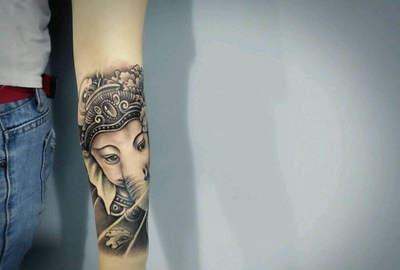 象神纹身图片_手臂传统动物象神成品纹身图案