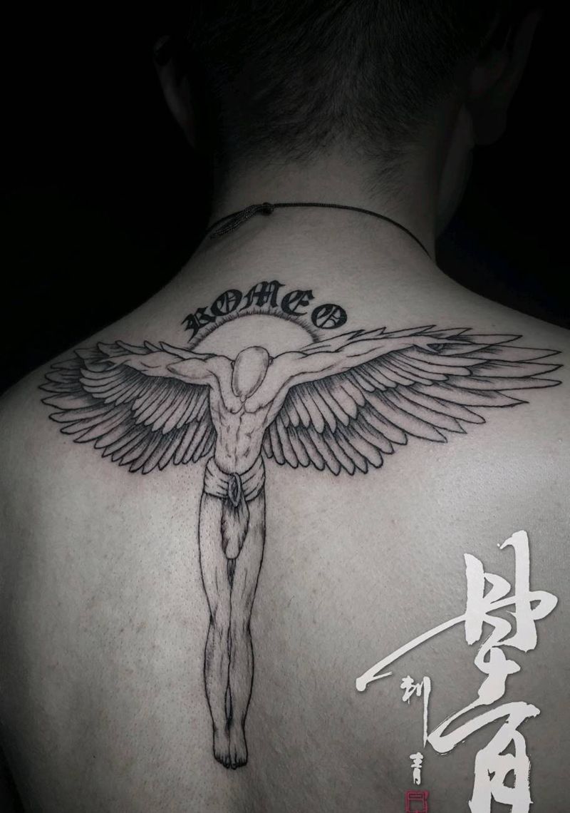 天使纹身图片_背部欧美人物成品纹身图案