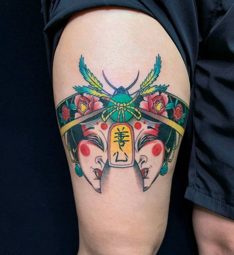 扇子纹身图片_腿部New School纹身图案