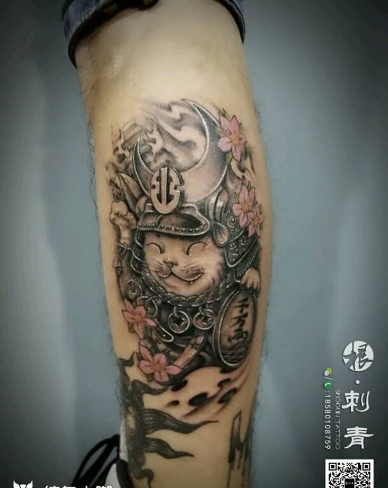 听说纹了这个会发财纹身图片_腿部传统动物招财猫成品纹身图案