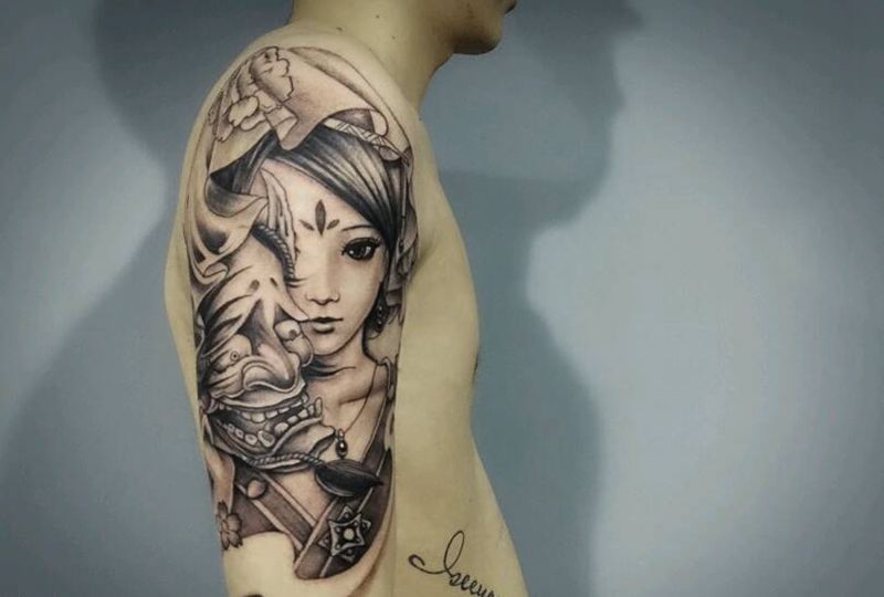 艺妓般若纹身图片_手臂传统人物鬼神班若艺妓成品纹身图案