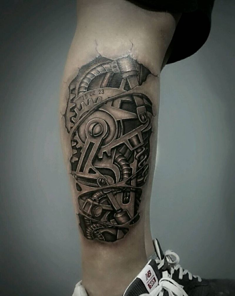 机械腿纹身图片_腿部写实机械成品纹身图案