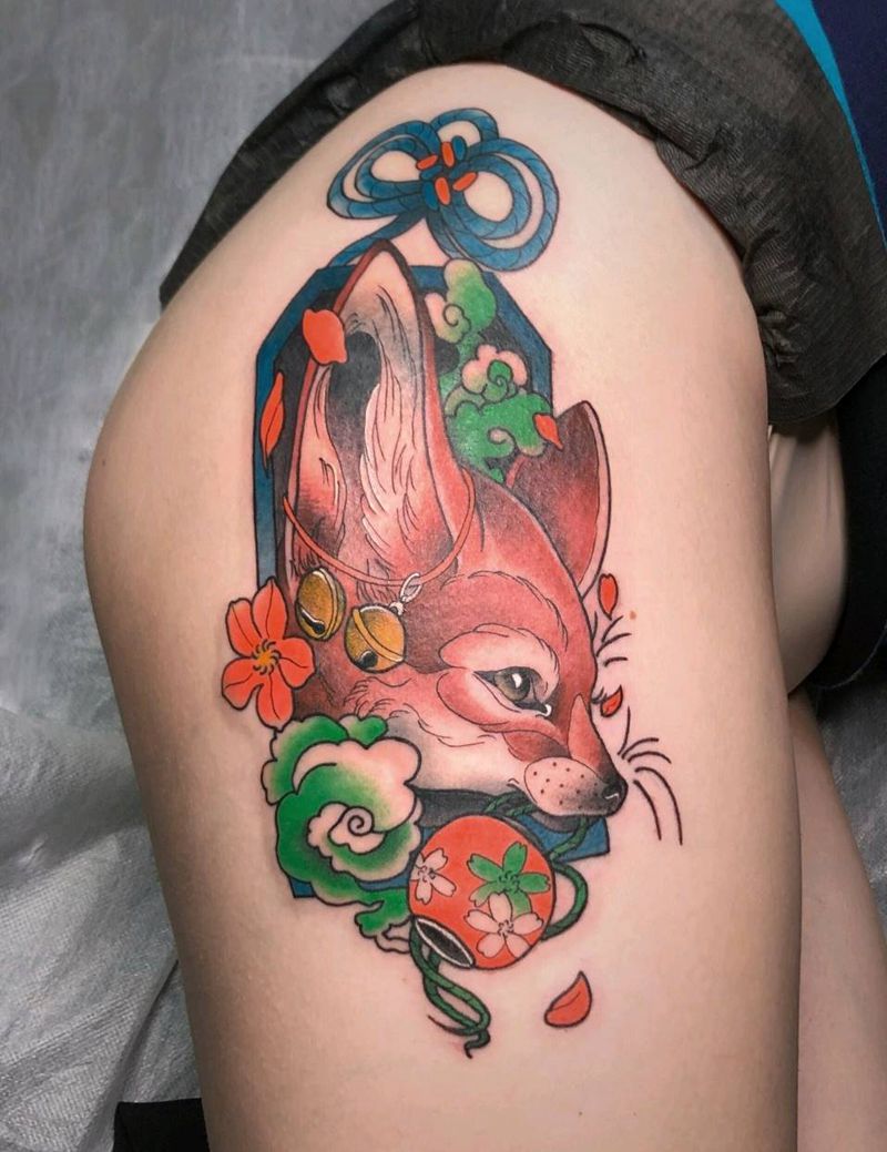 狐狸御守牌纹身图片_臀部New School纹身图案