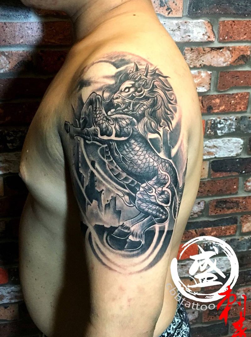 麒麟纹身图片_成品手臂传统动物纹身图案