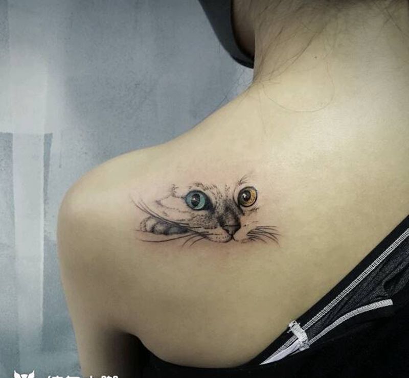 根作品纹身图片_背部清新动物猫重庆成品纹身图案