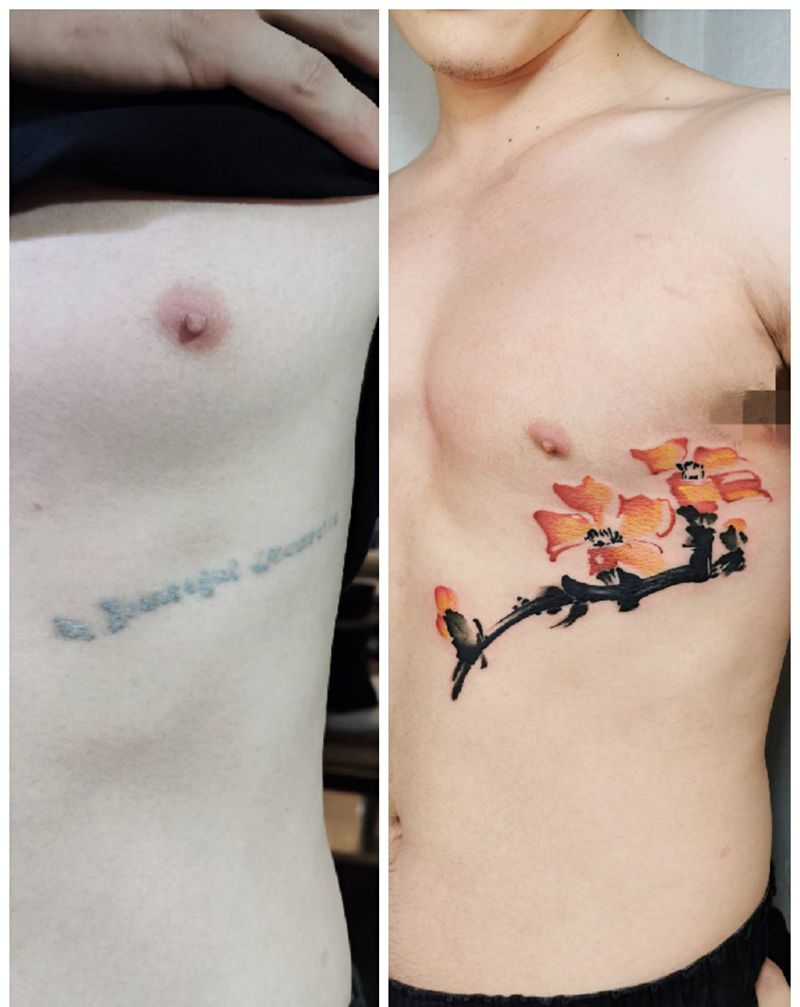 水墨遮盖纹身图片_腹部腰部水彩水墨纹身图案