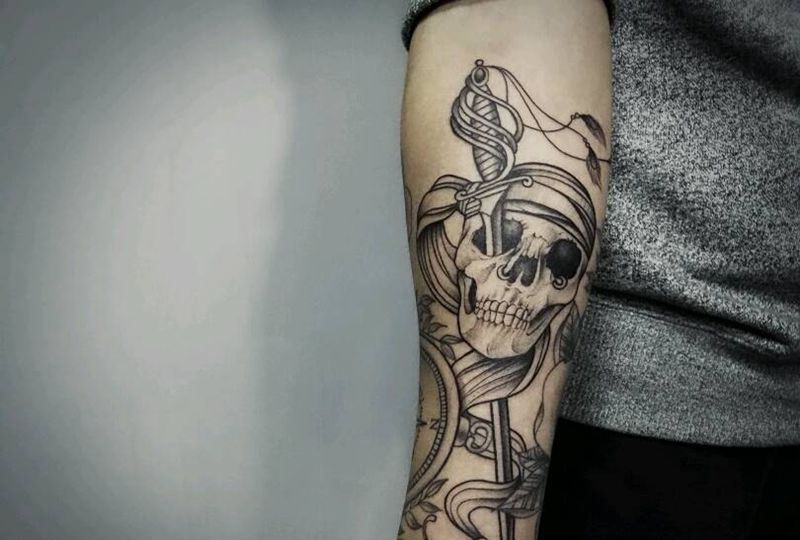 骷髅 根作品纹身图片_手臂欧美几何原创骷髅成品纹身图案