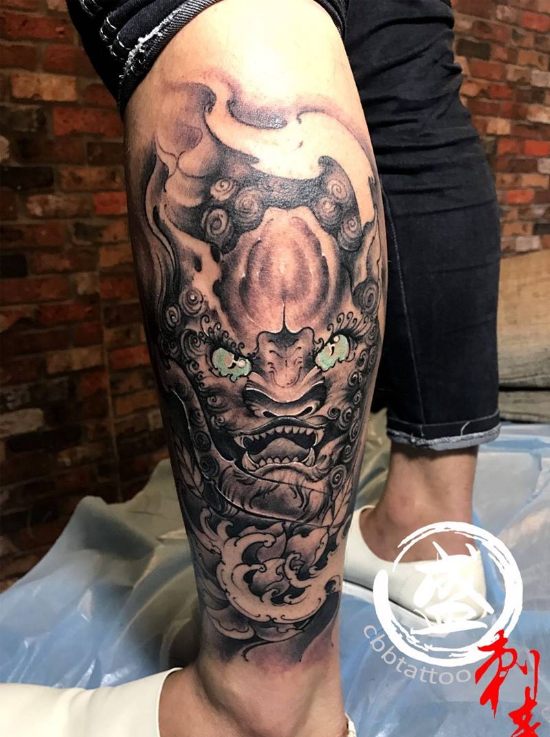 唐狮纹身图片_成品腿部传统动物纹身图案