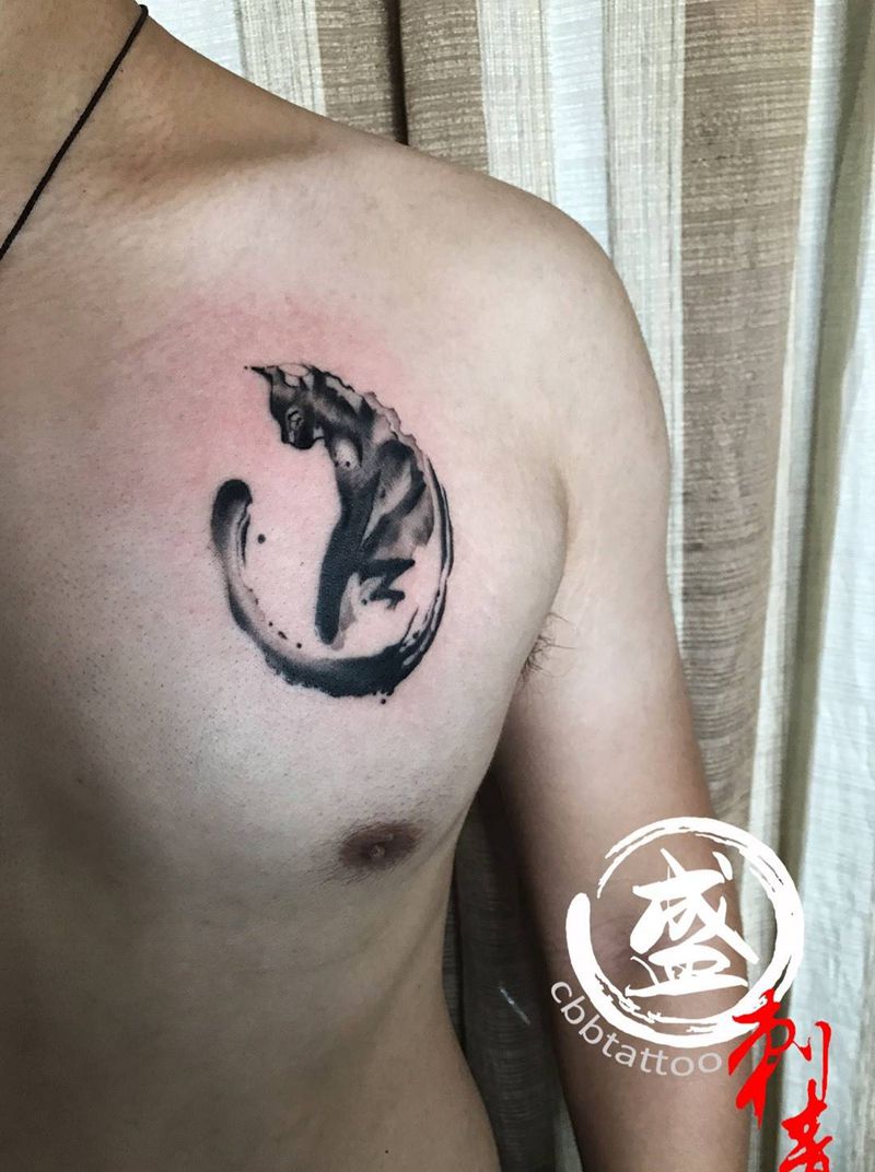 水墨猫纹身图片