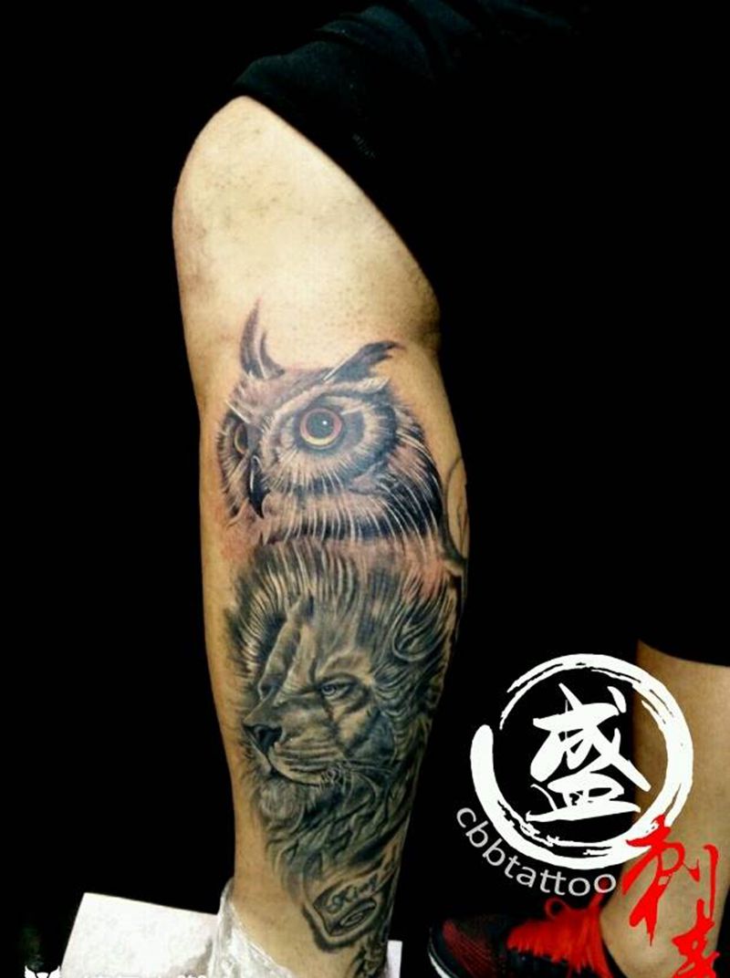 猫头鹰（狮子非本人作品）纹身图片_腿部欧美动物成品纹身图案