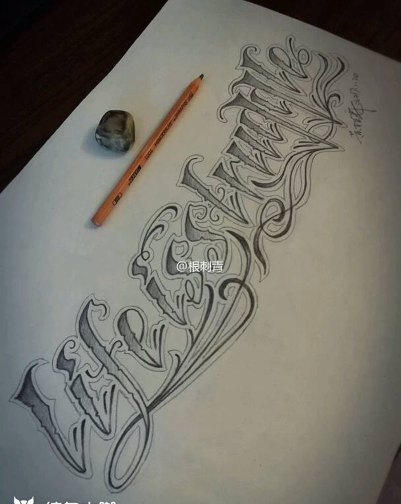 原创奇卡诺纹身图片_胸部欧美几何字符原创英文奇卡诺手稿纹身图案