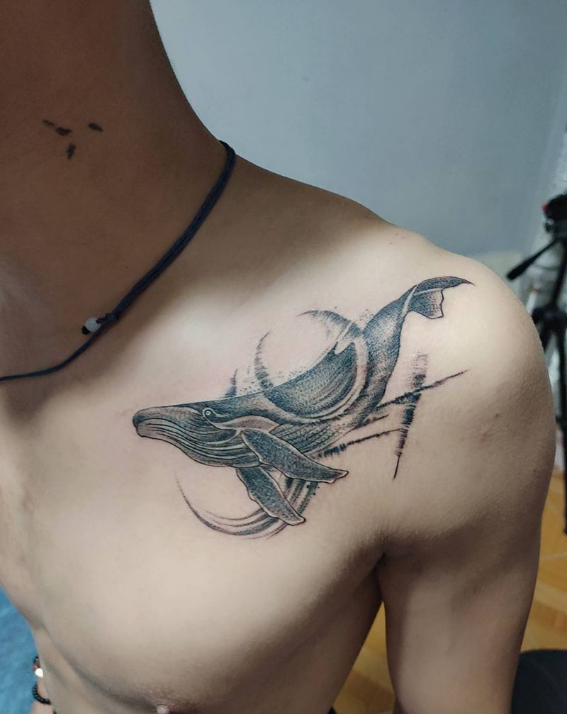 鲸鱼纹身图片_胸部点刺纹身图案
