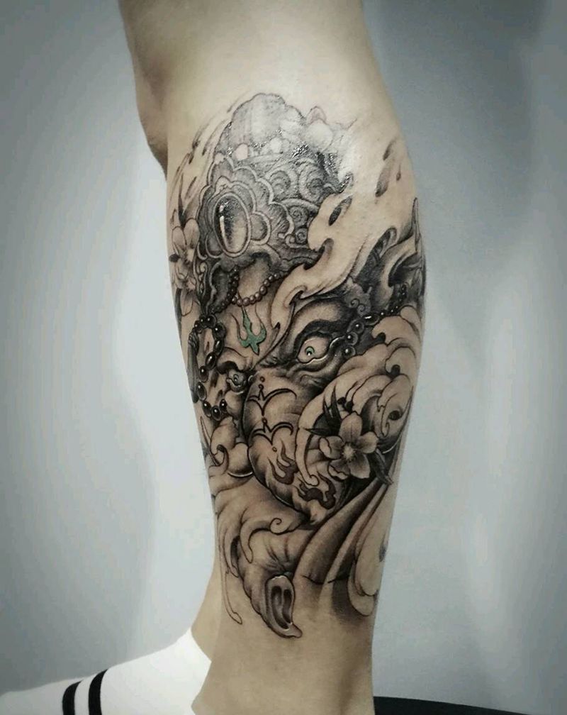 象神纹身图片_腿部传统动物象神成品纹身图案