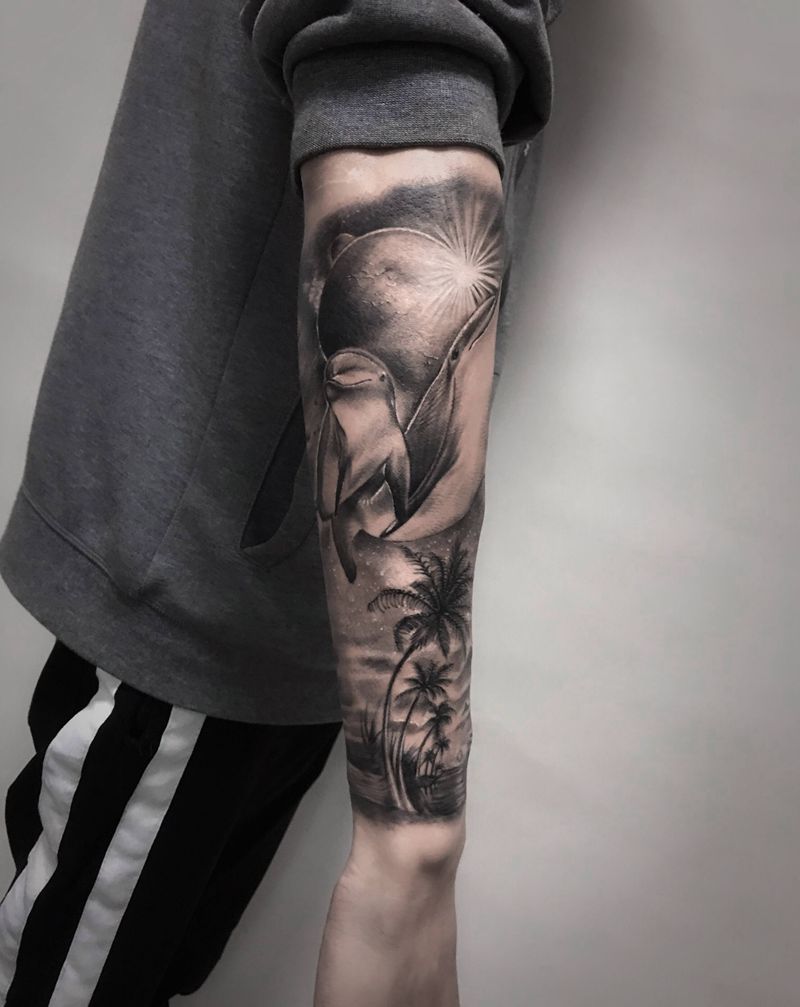 母爱2【根作品】纹身图片_手臂欧美写实海豚星球星空纹身图案