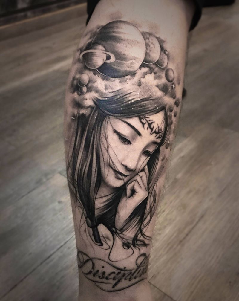 肖像【根作品】纹身图片_腿部欧美写实肖像星球纹身图案