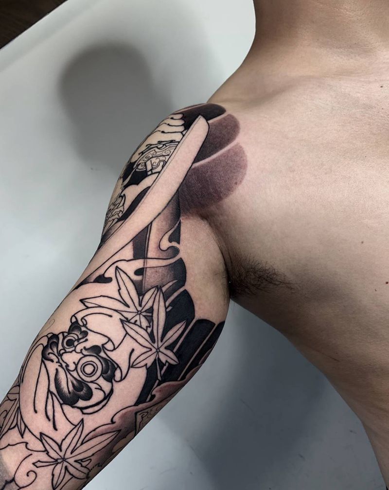 手臂武士大臂纹身图片_手臂新传统重庆义雕堂刺青纹身图案