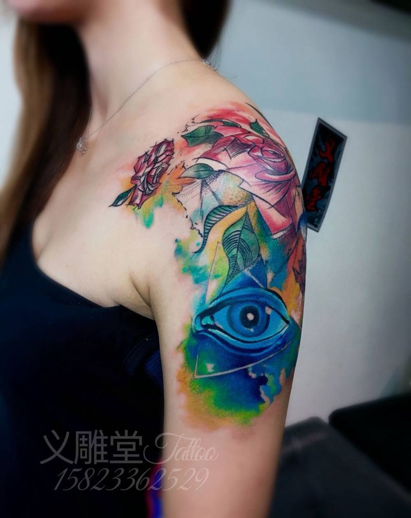 眼睛纹身纹身图片_肩部欧美国画植物重庆义雕堂图案重庆刺青培训纹身图案