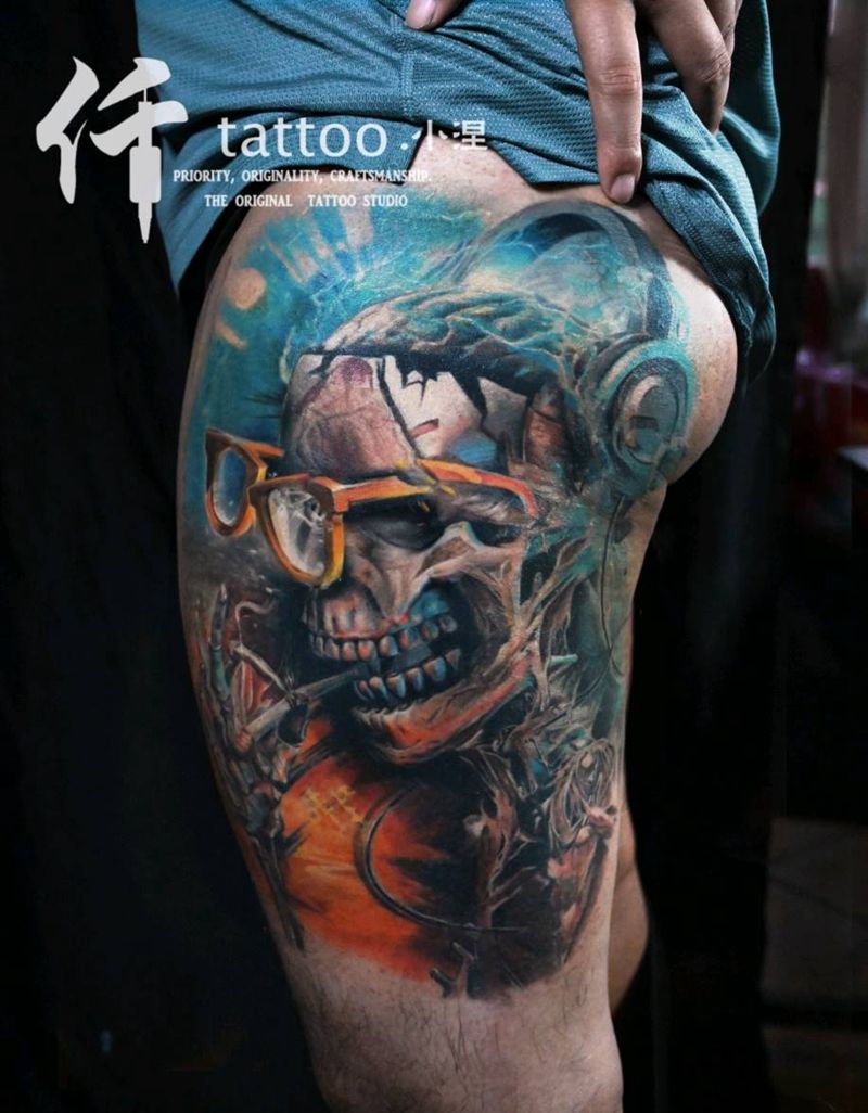 骷髅插画纹身图片_腿部臀部欧美写实New School骷髅金属插画纹身图案
