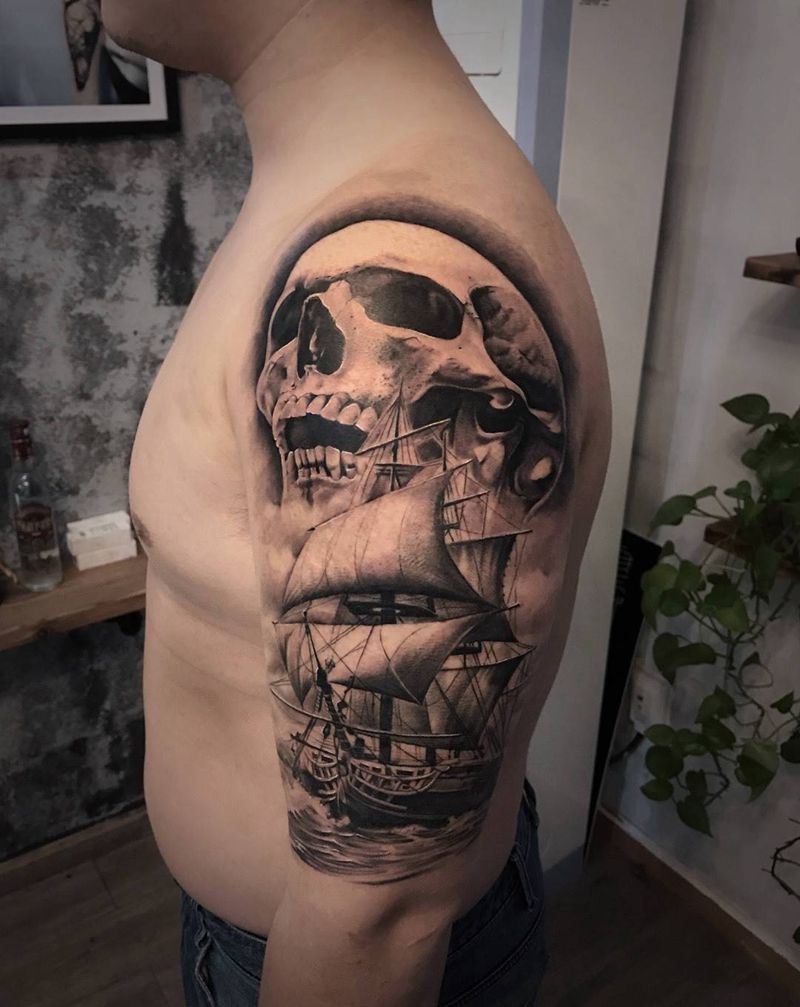 写实骷髅帆船【根作品】纹身图片_手臂欧美写实帆船骷髅原创纹身图案