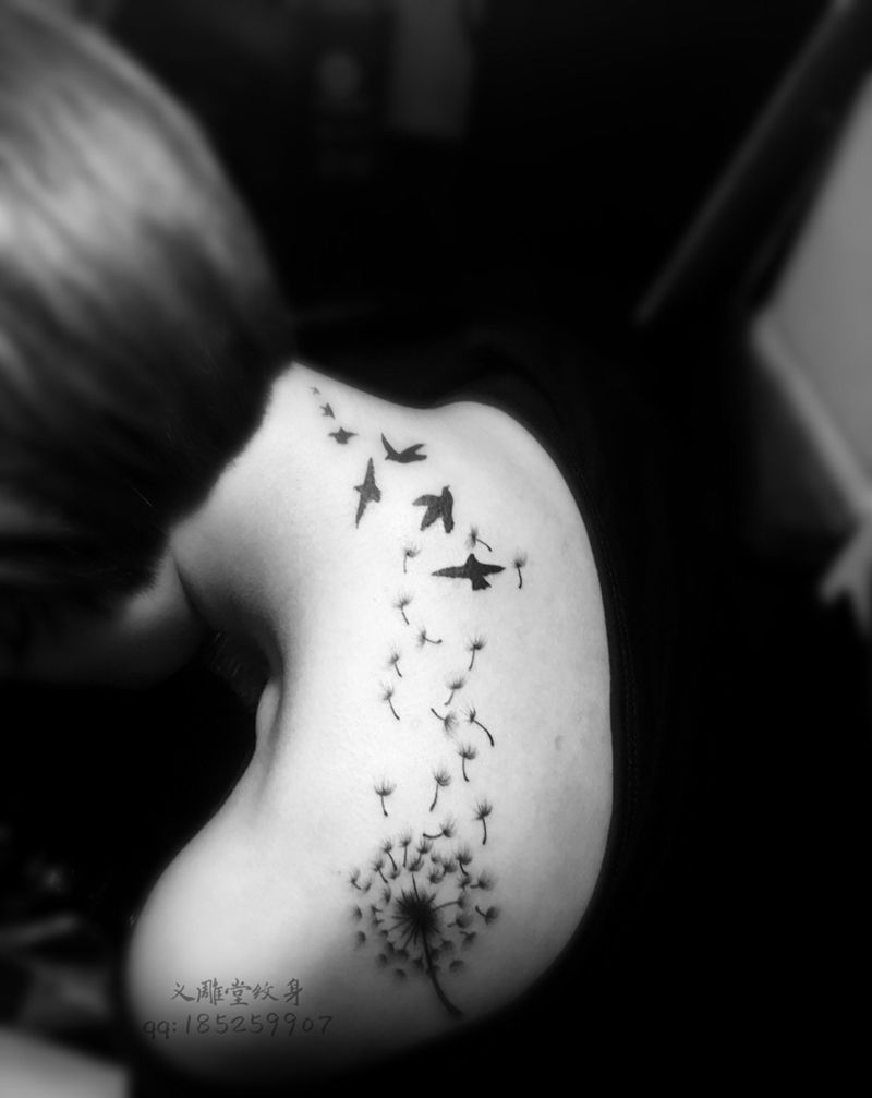 蒲公英与鸟纹身图片_清新习俗肩部重庆纹身图案