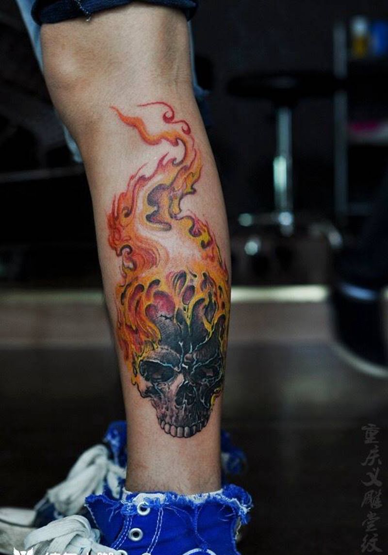 小腿骷髅纹身纹身图片_重庆腿部纹身图案