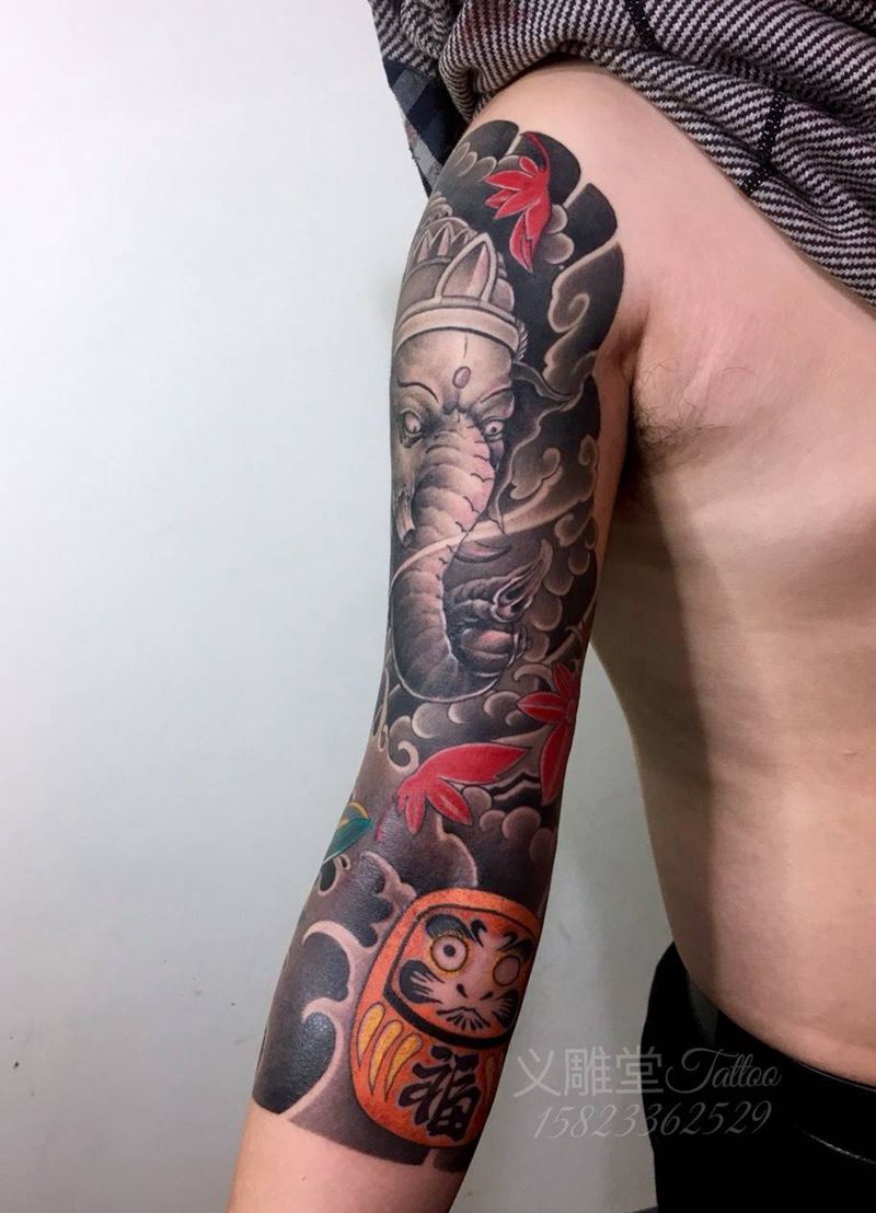 象神七分臂纹身纹身图片_手臂传统动物重庆重庆刺青义雕堂图案老传统刺青纹身图案