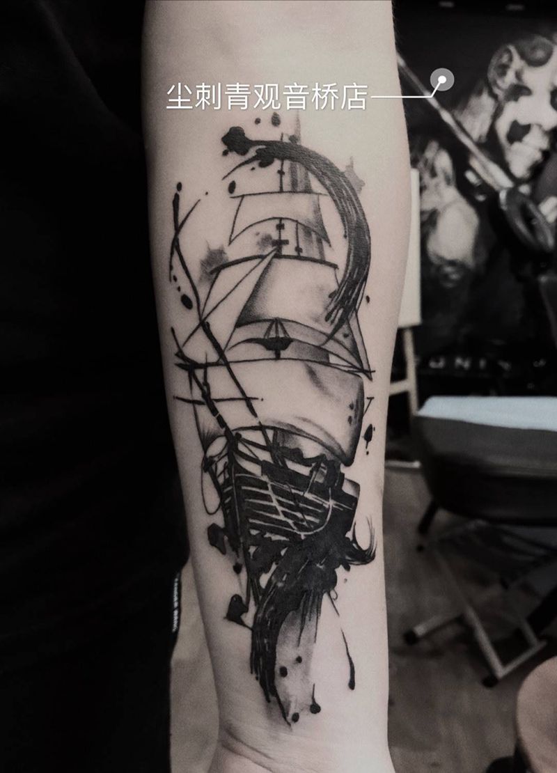 school帆船纹身图片_欧美school手臂成品纹身图案